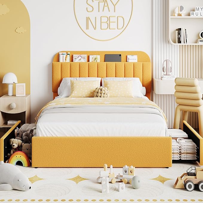 Garvee Full Size Bed Frame with 2 Flexible Drawers, Boucle Upholstered Platform Bed Frame with Bookcase Headboard, Bedframe for Girls/Boys, Easy Assembly, No Box Spring Needed, Noise Free, Yellow