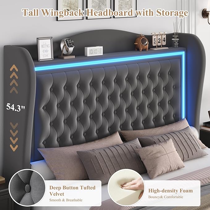 King Bed Frame 55" Tall Headboard with LED Lights, Buttons Tufted Velvet Upholstered Platform Bed Frame with 2 Storage Drawers, Wood Slats Support Mattress Foundation, No Box Spring Needed, Grey