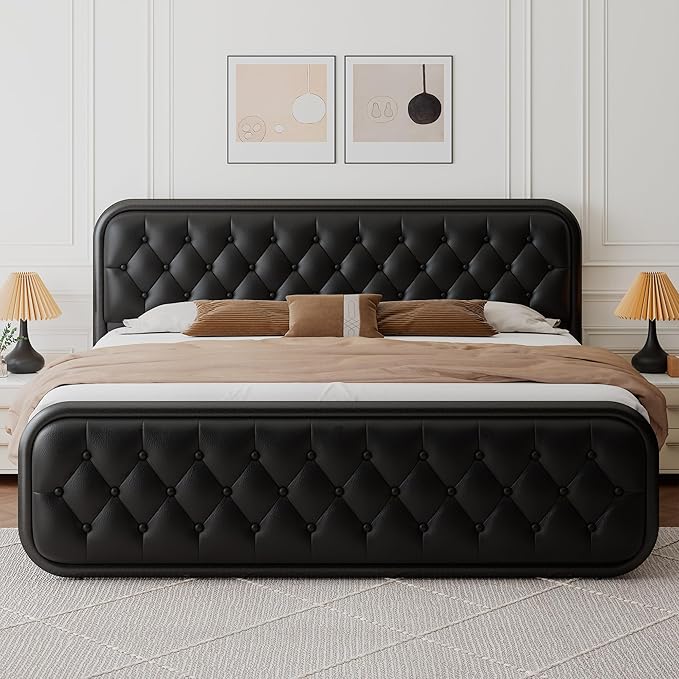 Feonase King Size Bed Frame, Upholstered Bed Frame with Faux Leather Headboard, Heavy Duty Platform Bed with Strong Metal Slats, 12 Inch Under-Bed Storage, Noise-Free, Easy Assembly, Matte Black