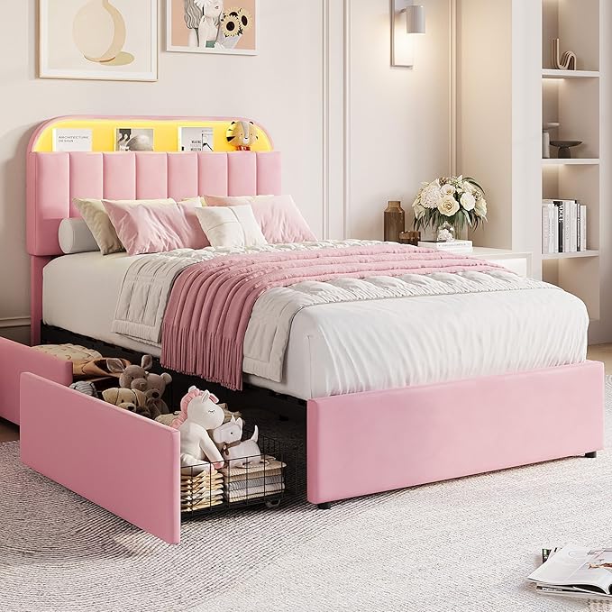 GarveeHome Twin Bed Frame with Storage Headboard, Kids Bed Frame with 2 Drawers, Velvet Upholstered Platform Bed Frame with Lights, No Box Spring Needed, Easy Assembly, Velvet Pink