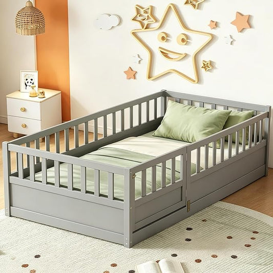 Twin Size Floor Bed with High Fence, Door and Slats, Twin Floor Bed with Slats(Gray Twin)