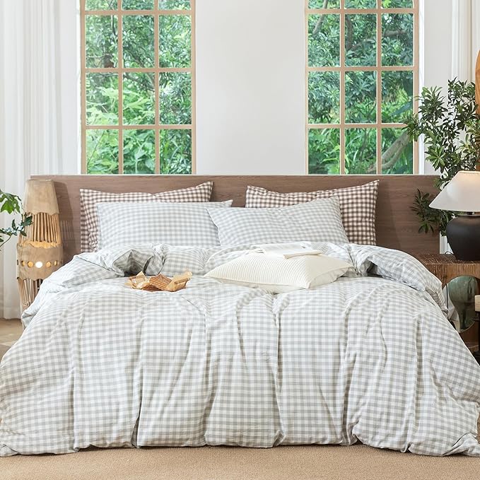 MooMee Gingham Duvet Cover Set 100% Washed Cotton Linen Like Textured Breathable Durable Soft Comfy Modern Checkered Design (Northern Droplet Grey Gingham, Oversized Queen 98"x98")
