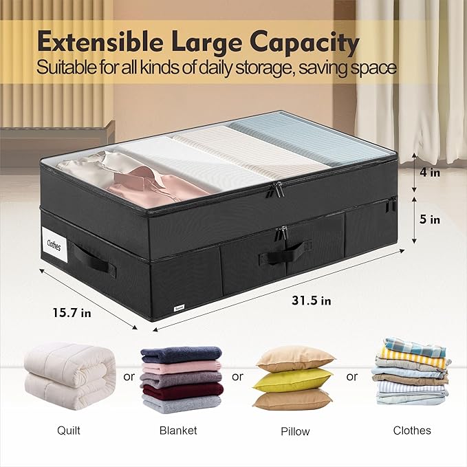 Supowin Large Under Bed Storage Containers, 2-Pack Double Layer Underbed Storage Bins with 3 Handles, 70L Extensible/Closed Clothes Storage Organizer with Sturdy Bottom Sidewalls, Black