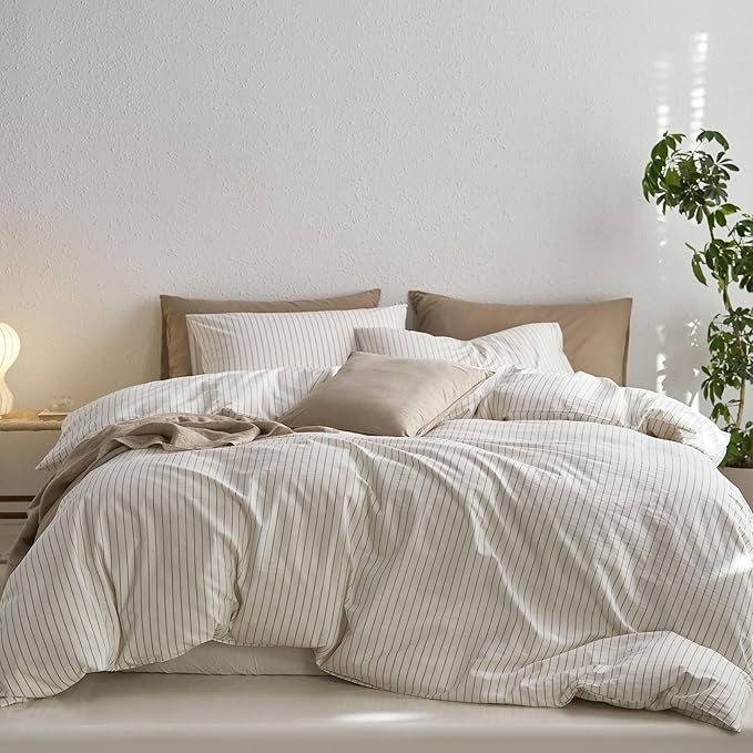 MooMee Striped Duvet Cover Set 100% Washed Cotton Linen Like Textured Breathable Durable Soft Comfy (White Tannish Linen Grey Wide Stripes, Oversized Full 82"x86")