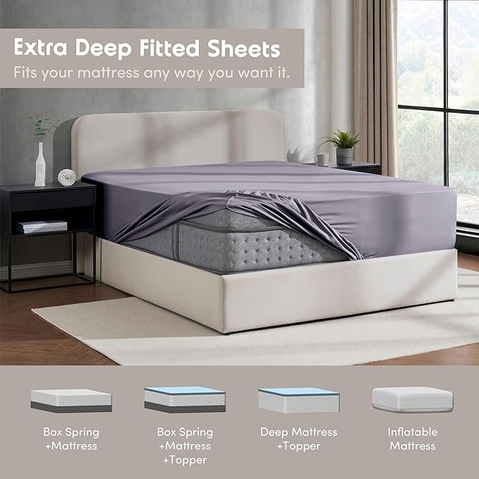 Nestl Dusty Purple Extra Deep Pocket Fitted Sheet Full Size, Hotel Luxury Deep Pocket Full Size Fitted Sheet Only Easily Fits 18 to 24 Inch Mattress, Soft, Wrinkle-Free, Breathable with Corner Straps