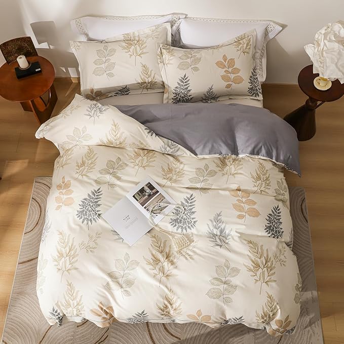 OAITE Duvet Cover Set Queen Size Floral Pattern Ultra Soft 100% Cotton Duvet Cover Sets 3-PC, Breathable Duvet Cover with Zipper Closure & Corner Ties(2 Pillow Shams,1 Duvet Cover)