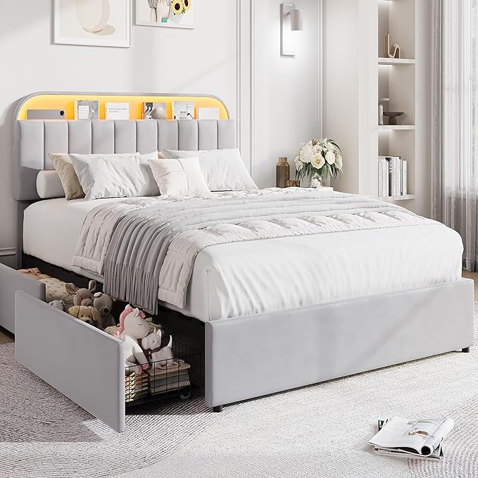 GarveeHome Queen Bed Frame with Storage Headboard, Kids Bed Frame with 2 Drawers, Velvet Upholstered Platform Bed Frame with Lights, No Box Spring Needed, Easy Assembly, Velvet Grey