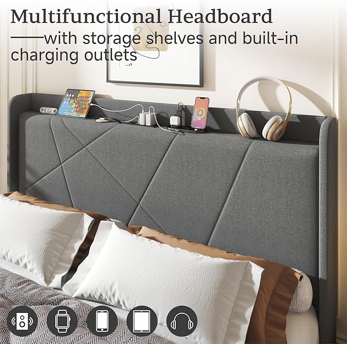 King Size Linen Bed Frame, Storage Headboard with Charging Station, Upholstered Platform Bed with Wooden Slats Support, Solid and Stable, Noise Free, No Box Spring Needed, Easy Assembly, Gray