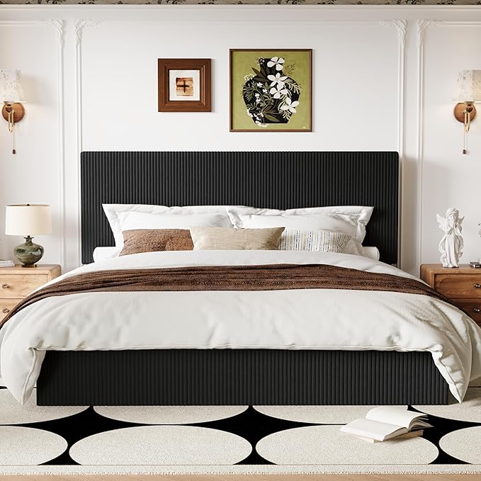 Allewie King Bed Frame, Upholstered Platform Bed, Adjustable Vertical Channel Tufted Headboard, Corduroy Fabric, Modern Low Profile, Wooden Slats, No Box Spring Needed, Easy Assembly, Black