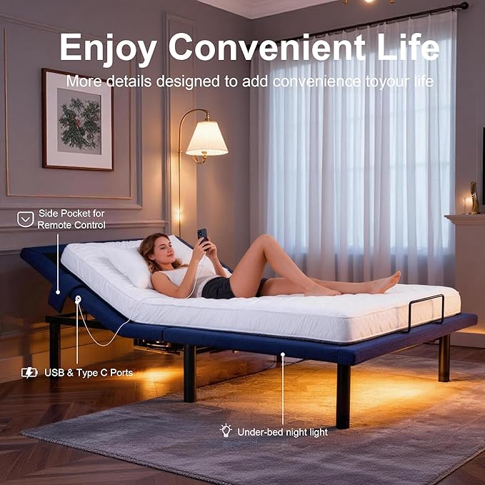 Fromann Adjustable Bed Frame Twin, Adjustable Bed Base with Wireless Remote and USB Ports, Zero Gravity, Massage, Head & Foot Incline, Under-Bed Lights, Anti-Snore