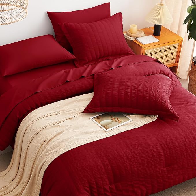 CozyLux Full Size Comforter Sets with Sheets 7 Pieces, Dark Red Seersucker Bed in a Bag Textured Luxury Soft Bedding Set with Down Alternative Comforter, Sheets, Pillowcases & Shams for All Season