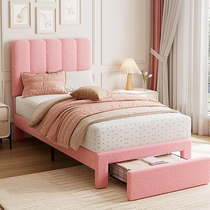 GarveeHome Twin Bed Frame with Under-Bed Drawer, Upholstered Platform Bed with Wave Headboard for Kids/Girls, Wooden Slats Support, No Box Spring Needed, Boucle Pink, 2 Sets