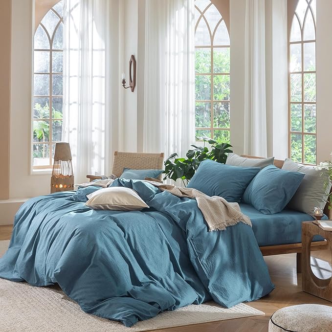 MooMee Bedding Duvet Cover Set 100% Washed Cotton Linen Like Textured Breathable Durable Soft Comfy (Heathered Peacock Blue, Palatial King/Oversized King 120"x98")