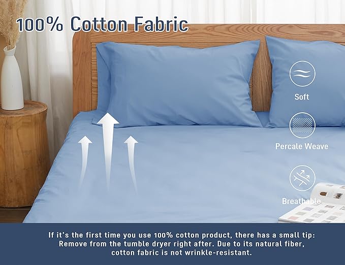 Pillow Cases, King Size Cotton Percale Weave Pillowcases, Pre-Shrunk Breathable and Hypoallergenic Pillowcases, Set of 2 (2 Piece King 20 Inch x 40 Inch, Placid Blue)