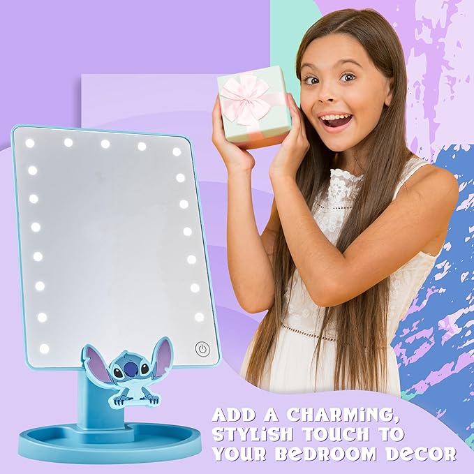 Disney Stitch Vanity Mirror for Girls, Teens, Women with Trinket Tray, LED Table Mirror, Touch Screen, Light Make Up, Gifts for Women (Blue)
