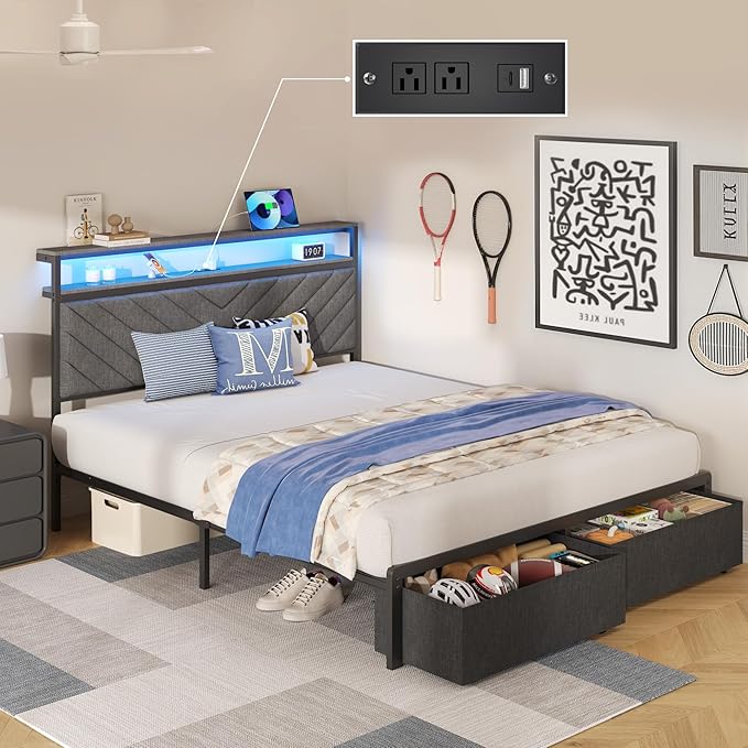 HISOFT Queen Bed Frame with Charging Station, LED Lights & 2 Storage Drawers, Grey Platform Bed with Upholstered Headboard, Under-Bed Storage, No Box Spring Needed, Easy Assembly, Strong Support