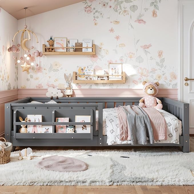 Bellemave Twin Size Kids Montessori Bed with Bookshelf,Solid Wood Twin Floor Bed Frame with Fence and Slats for Girls Boys,Low-Profile,Gray