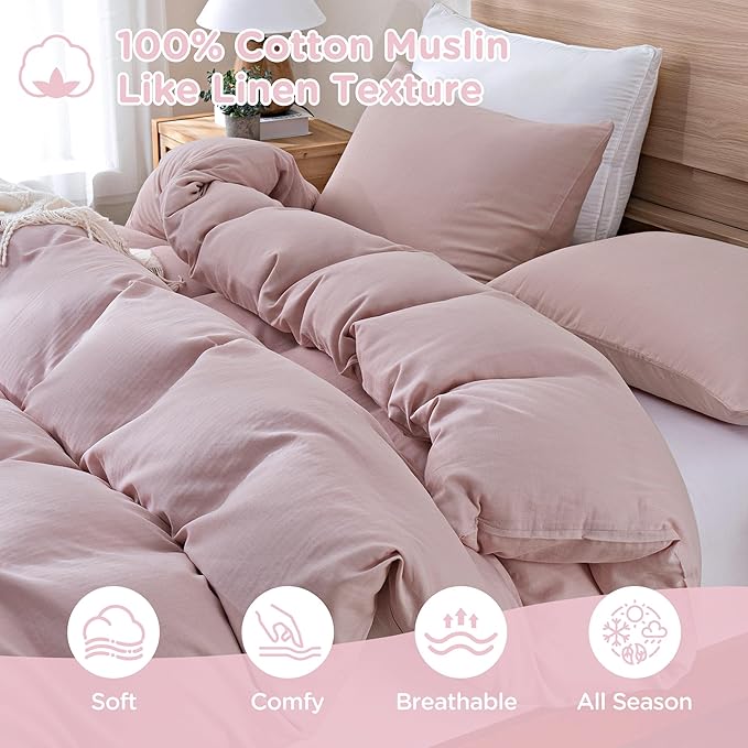 TOCOMOA Muslin Duvet Cover 100% Cotton Like Linen Texture Breathable Soft Comfy 3-Piece Pink Comforter Cover Bedding Set (King 104"x90", Comforter Not Included)