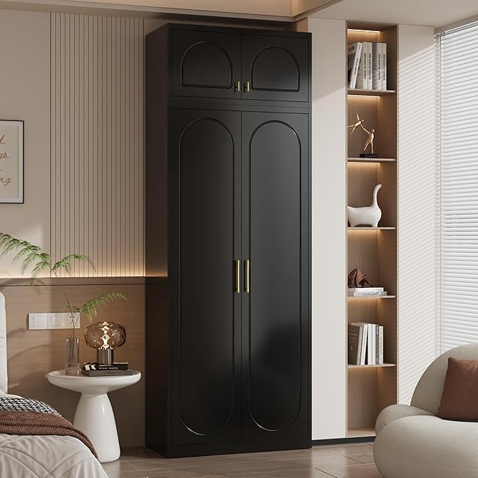 Polup Metal Armoire Wardrobe Closet, 86 Inch Tall Freestanding Wardrobe Cabinet with Hanging Rod, Bedroom Armoires with Doors, 18" D x 32" W x 86" H, Black, Assemble Required, Shipped in Two Packages