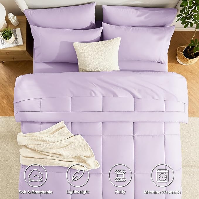 CozyLux Twin XL Comforter Set Lavender, 5 Pieces Twin Extra Long Bed in a Bag for College Dorm, All Season Bedding Set with Stitch Quilted Comforter, Flat Sheet, Fitted Sheet, Pillowcases