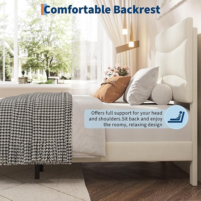 IDEALHOUSE Twin Size Upholstered Platform Bed Frame with Ergonomic Headboard, Beige Soft Fabric, Heavy Duty Wooden Slats, Noise-Free, 6.3" Underbed Storage, No Box Spring Needed, Easy Assembly