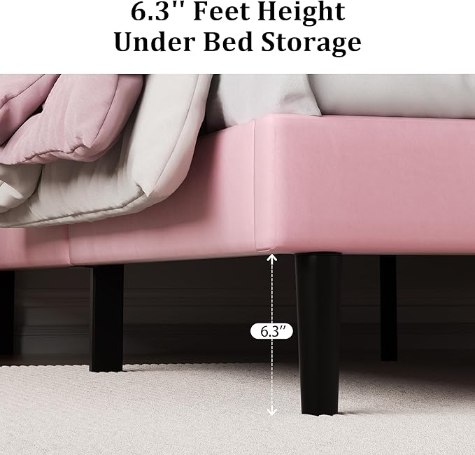 CXVX Queen Size Platform Bed Frame with Upholstered Velvet Button Tufted Headboard, Mattress Foundation with Wooden Slat Support, No Box Spring Needed, Easy Assembly, Noise Free, Pink