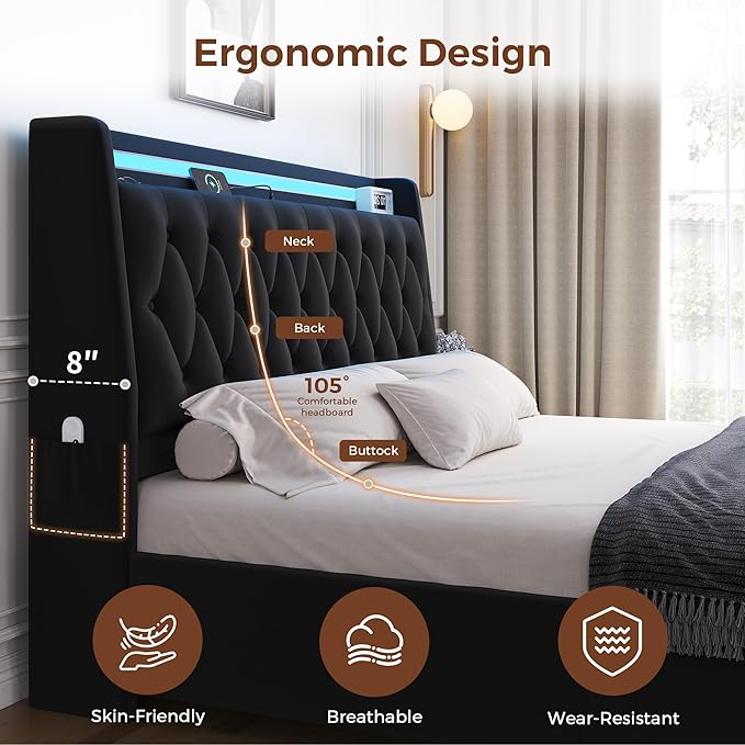 Queen LED Velvet Bed Frame with 2 Storage Drawers&Hidden Headboard, Upholstered Platform Bed with Charging Station&Button Tufted Design, Wooden Slats Support, Box Spring Optional, Easy Assembly, Black
