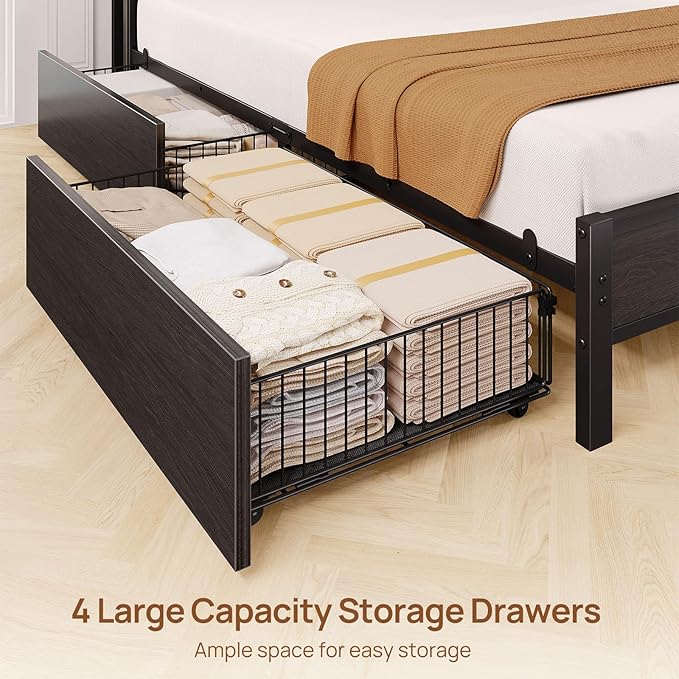 Rolanstar Bed Frame Twin Size with Charging Station and LED Lights, Upholstered Storage Headboard with Drawers, Heavy Duty Metal Slats, No Box Spring Needed, Easy Assembly, Black
