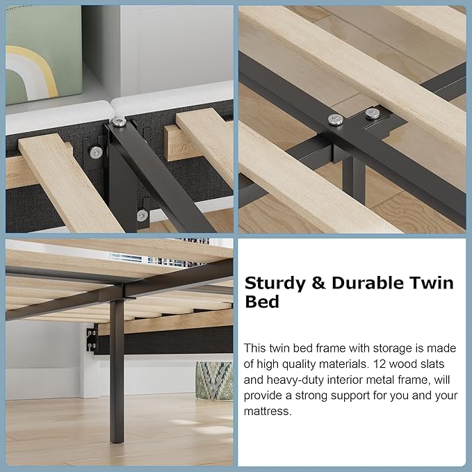 VECELO Twin Bed Frame with Storage Drawer, Heavy-Duty Platform Bedframe with Headboard & Strong Wooden Slats Support, No Boxing Spring Needed, Pure White