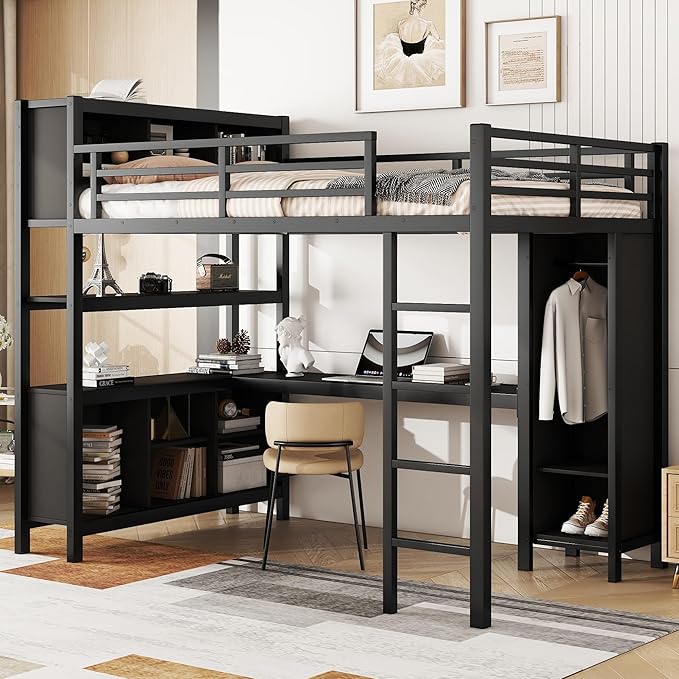 Full Size Loft Bed with L Shaped Desk, Wardrobe and Storage Shelves, Metal Heavy Duty Loft Bed Frames with Ladder and Guardrails for Kids, Teens, Juniors, Space Saving (Black, Full)