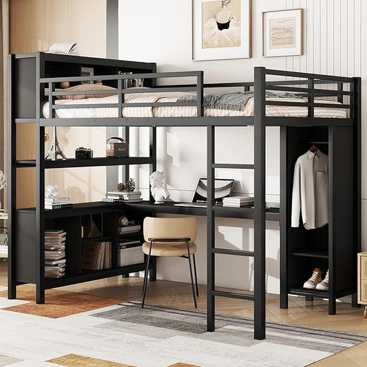 Full Size Loft Bed with L Shaped Desk, Wardrobe and Storage Shelves, Metal Heavy Duty Loft Bed Frames with Ladder and Guardrails for Kids, Teens, Juniors, Space Saving (Black, Full)