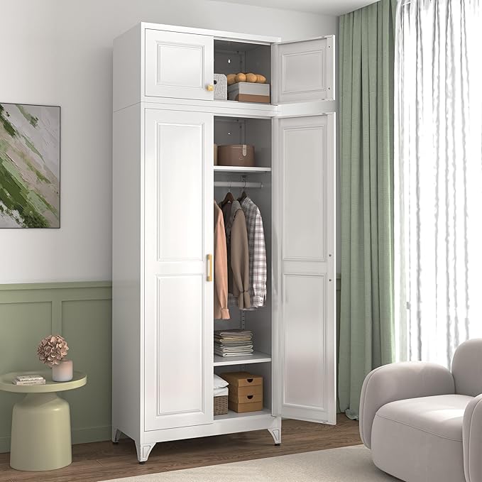 86" Metal Wardrobe Cabinets,Armoire Wardrobe Closet with Hanging Rod,Clothes Storage Cabinet with Adjustable Shelves and Doors,Clothing Cabinet for Bedroom, Laundry Room,Office