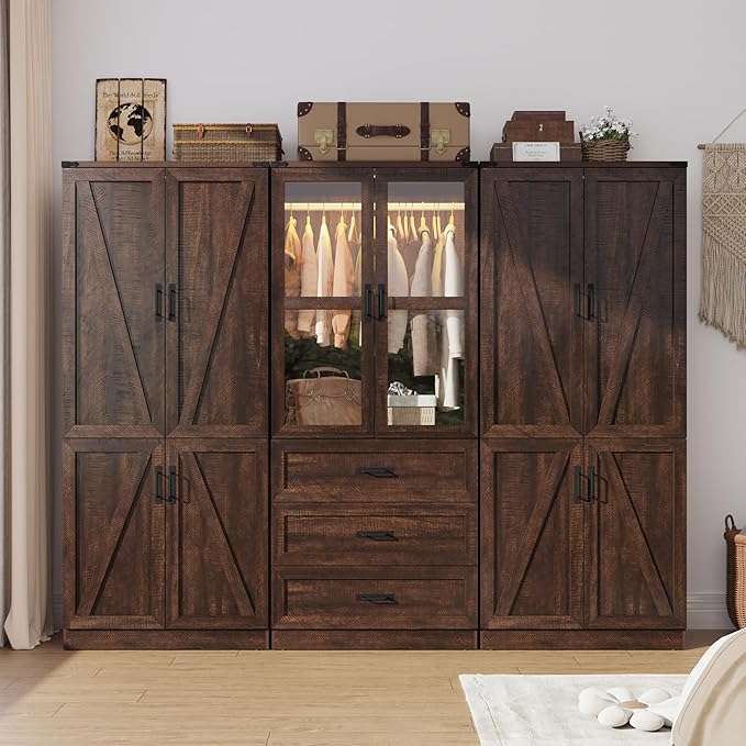 Hlivelood 75" Tall Farmhouse 6 Doors Armoire Wardrobe Closet with 3 Drawers and LED,Freestanding Closet Wardrobe Cabinet for Bedroom with Hanging Rod,Wooden Armoire Storage Cabinet(Brown 6 Doors 1)