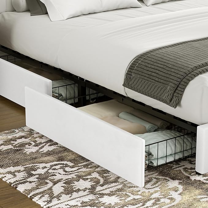 VECELO Queen Size Upholstered Bed Frame with 4 Drawers and Headboard, Velvet Platform Storage Bedframe, Wooden Slats Support, No Box Spring Needed,White
