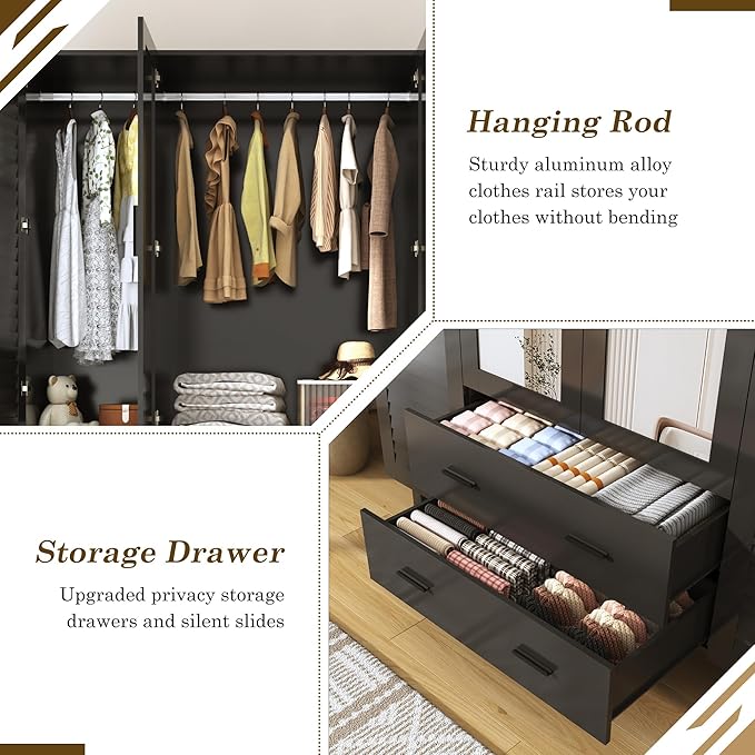 jiteentarou 4 Door Armoire Wardrobe Closet Cabinet with Drawers and LED Lights, Multi-Tier Shelves, Hanging Rod & Louver Doors, Large Capacity Storage Wardrobe Armoire for Bedroom(4 Doors Black)