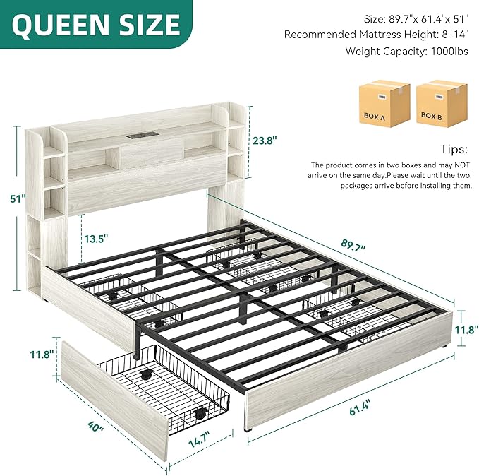 DWVO Queen Size Bed Frame with Bookcase Headboard and 4 Storage Drawers, RGB LED Bed Frame with Type-C & USB Charging Station Storage Headboard Bed, No Box Spring Needed, Noise Free, White Oak