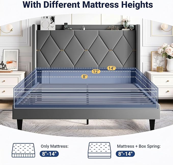 Allewie Velvet Queen Upholstered Bed Frame with Wingback Storage Headboard & Charging Station, Platform Bed with Diamond Tufted Design & Gold Trim, No Box Spring Needed, Easy Assembly, Grey