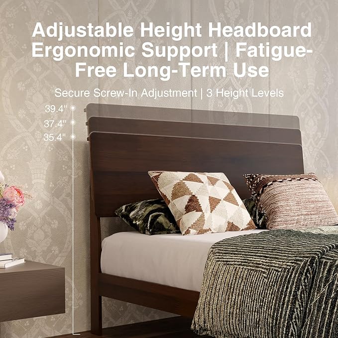 Novilla Full Size Bed Frame with 3-Level Adjustable Storage Headboard, Solid Wood Platform Bed Frame with Slats, No Box Spring Needed, Noise Free, Walnut Finish for Master Bedroom and Guest Room