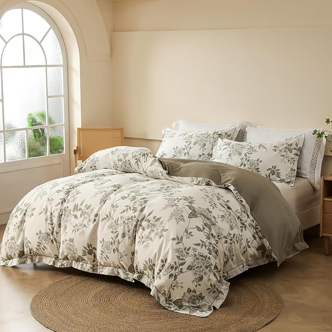 Duvet Cover Set Twin Size Floral Pattern 600 Thread Count Ultra Soft 100% Long Staple Cotton Duvet Cover Sets 3-PC, Breathable Duvet Cover with Zipper Closure & Corner Ties