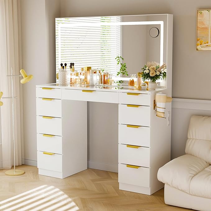 Pamapic Glass Top Vanity Desk with LED Lighted Mirror, 11 Drawers Vanity Desk with Charging Station, 3 Lighting Modes Dressing Table, Golden Handles, Makeup Table, White