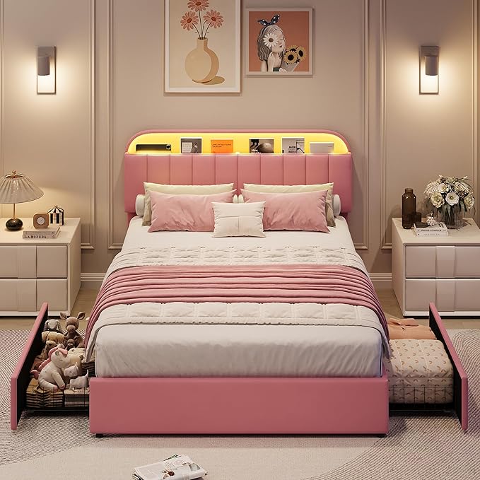 GarveeHome Full Bed Frame with Storage Headboard, Kids Bed Frame with 2 Drawers, Velvet Upholstered Platform Bed Frame with Lights, No Box Spring Needed, Easy Assembly, Velvet Pink