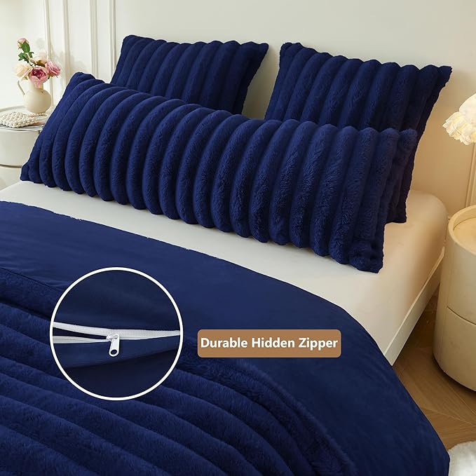 MEGO Fluffy Faux Rabbit Fur Body Pillow Cover, Luxury Plush Fuzzy Striped 20x54 Bed Body Pillowcase, Shaggy Furry Ribbed Bedroom Long Pillow Case with Zipper for Pregnant Women Side Sleeper, Navy Blue