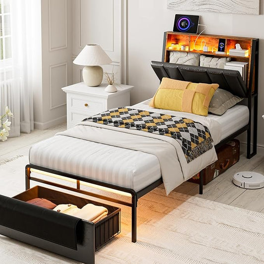 IKIFLY Twin XL Bed Frames with Ergonomic Hidden Storage Headboard & Dustproof Storage Drawer, Upholstered Twin XL Platform Bed with Charging Station and LED Lights, No Box Spring Needed, Black