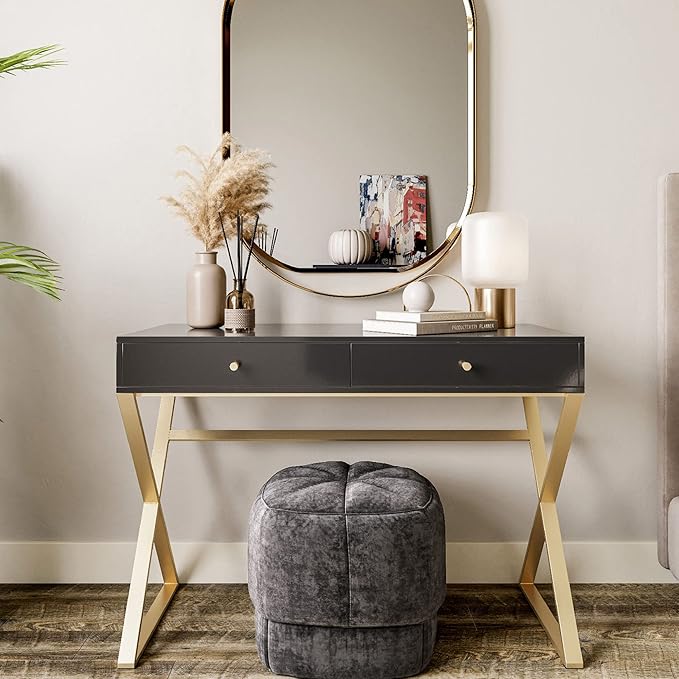 BELLEZE Modern 42 Inch Makeup Vanity Dressing Table or Home Office Computer Laptop Writing Desk with Two Storage Drawers, Wood Top, and Gold Metal Frame - Ellena (Black)
