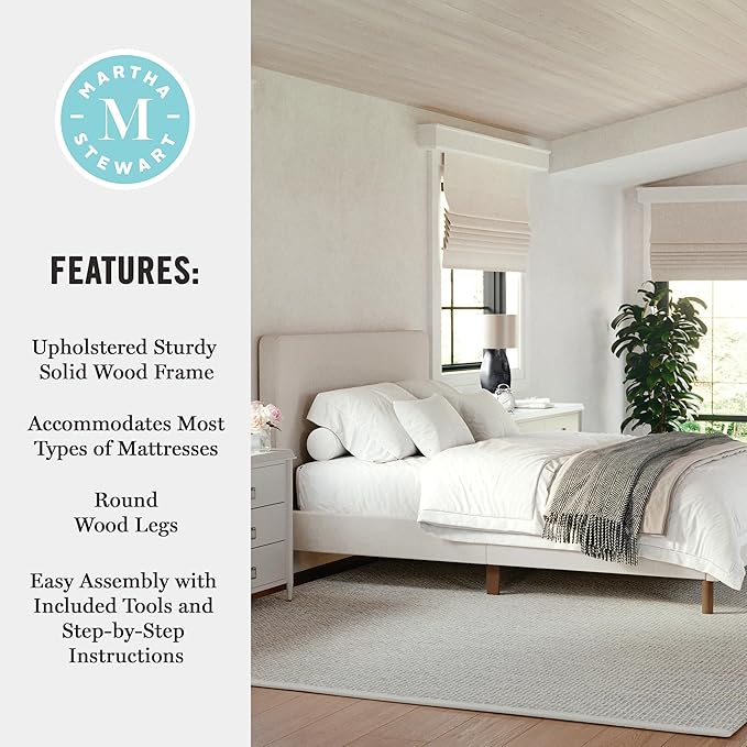 Martha Stewart Britta Platform Bed with Headboard & Footboard, Faux Linen Upholstery with Piping Detail, Rounded Headboard, No Box Spring Needed, Full, Beige