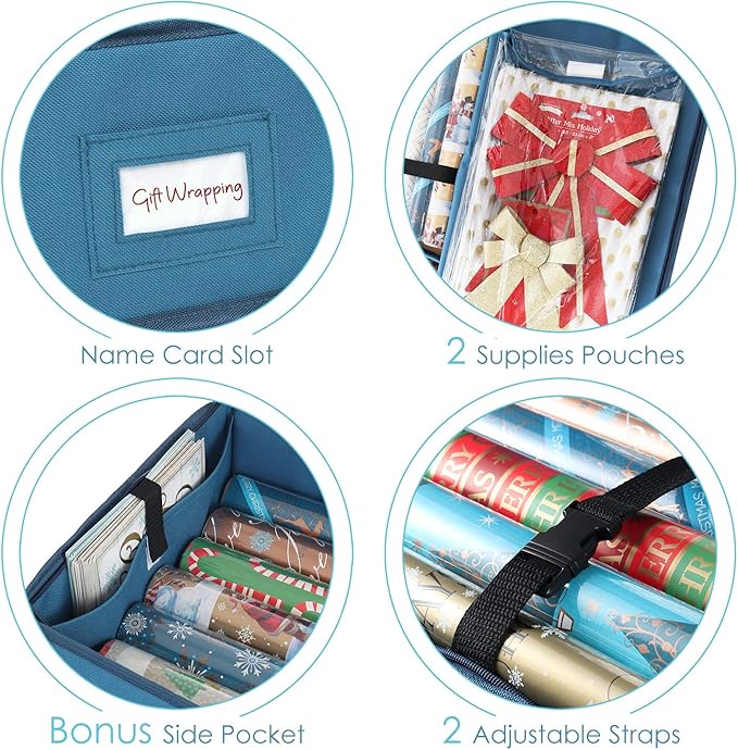 Hearth & Harbor Wrapping Paper Storage Container - Christmas Storage Bag with Interior Pockets - Gift Wrapping Organizer Storage Fits Up to 22 Rolls of 40" - Tear Proof Wrapping Paper Organizer