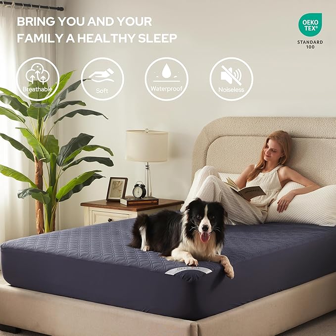 BEDLORE Waterproof Mattress Protector, King Size Noiseless Mattress Pad with Deep Pocket 6"-18" Depth, Soft Breathable Bed Mattress Cover Washable for Home, Bedroom, Hotel (Navy Blue)