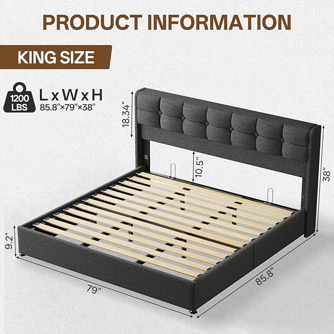 Lift Up King Size Bed Frame with Storage, Upholstered King Bed Frame with Wingback Headboard, No Box Spring Needed, Easy Assembly - Dark Grey