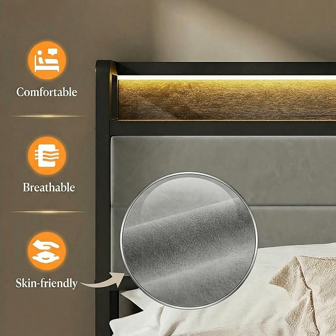 LIKIMIO King Size Bed Frame, Storage Headboard with LED Lights and Charging Station, Metal Platform Bed No Box Spring Needed, Noise Free, Under Bed Storage, Charcoal Gray