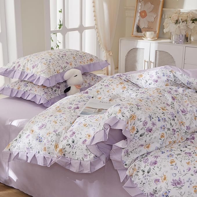 mixinni Floral Duvet Cover Set King Size, 100% Cotton 3-Piece Bedding Set with Ruffled Lace, Reversible Lavender Wildflower Ruffle Design, Soft Aesthetic Cottagecore Duvet Cover with Zipper Closure
